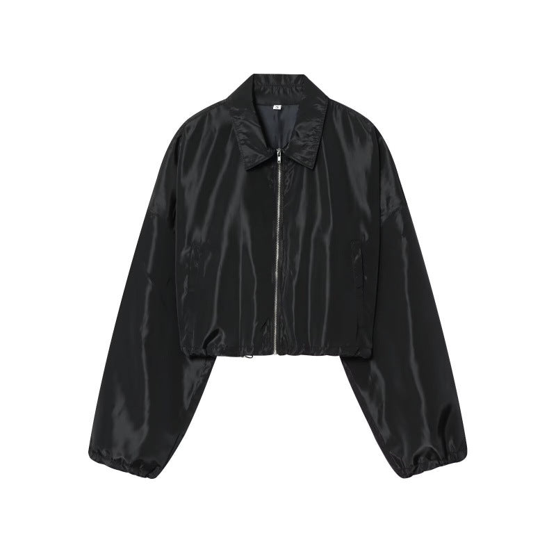 Damen Cropped Bomberjacke aus Satinoptik mit Reißverschluss und elastischem Saum Shop Nory