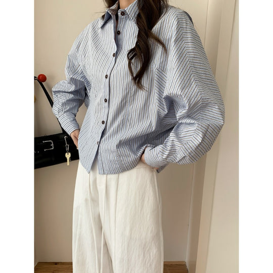Damen Oversized Hemdbluse mit Streifenmuster und Ballonärmeln Shop Nory