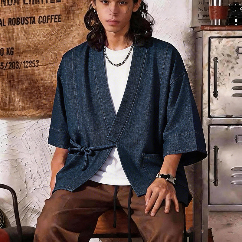 Unisex Jeans-Kimono-Jacke mit Bindegürtel und aufgesetzten Taschen Shop Nory