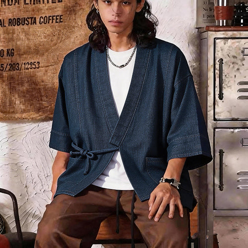 Unisex Jeans-Kimono-Jacke mit Bindegürtel und aufgesetzten Taschen Shop Nory