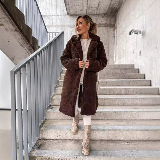 Damen Lange Teddy Faux-Shearling Knopf-Front Mantel mit Reverskragen Shop Nory