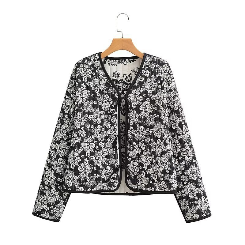 Damen Gestepptes Kurzblouson mit floralem Allover-Print und Bindeschleifen Shop Nory