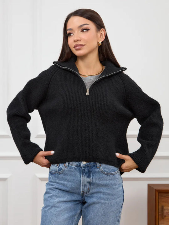 Damen Modischer Strickpullover mit Stehkragen und kurzer Reißverschluss Shop Nory