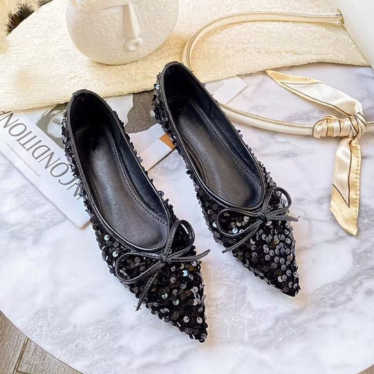Damen funkelnde Ballerinas mit spitzem Zehenbereich und dekorativem Paillettenschmuck
