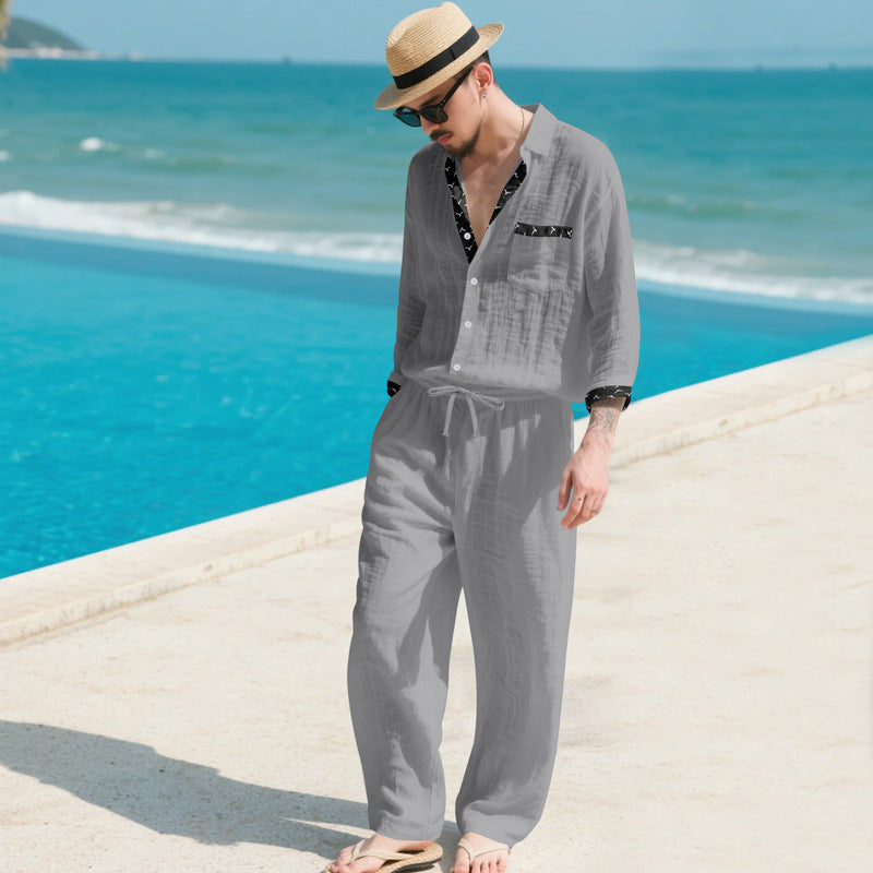 Herren Leinenoptik-Loungewear-Set mit Kordelzughose und offenem Hemdjacke Shop Nory