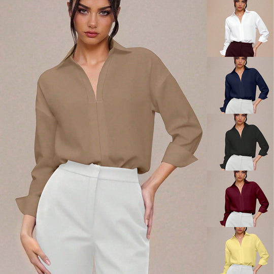 Damen Eleganter Hemdblusen-Body mit V-Ausschnitt, Oversize‑Schnitt und Umschlagmanschetten Shop Nory