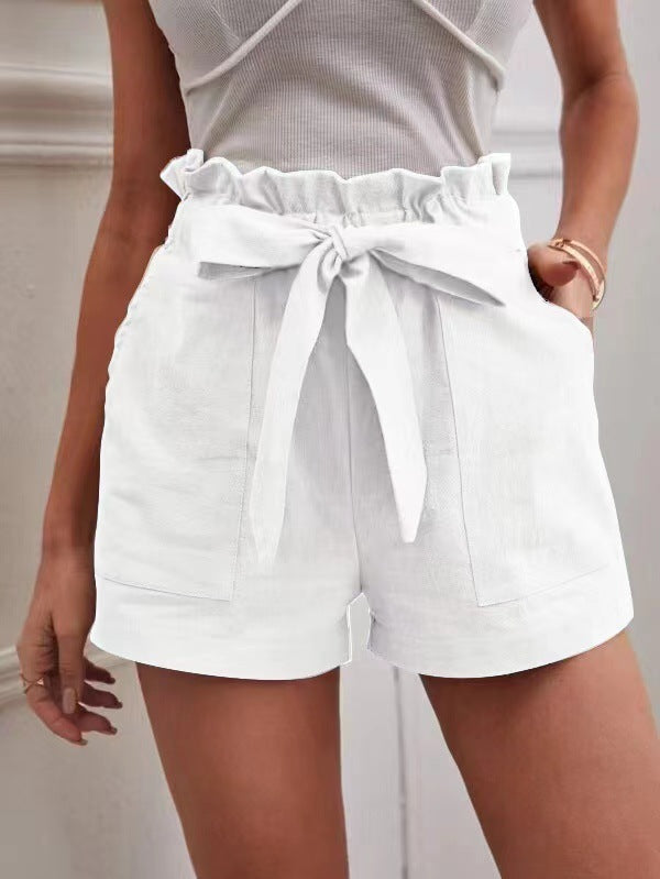 Damen kurze Lockere Leinenhose mit Bindegürtel