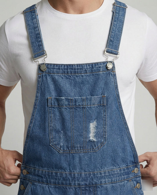 Herren Denim Latzshorts mit Ripped-Details