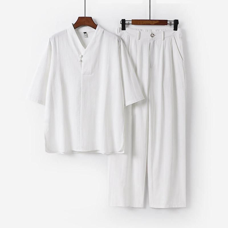 Herren Zweiteiliges Leichtes Kimono-Loungewear-Set mit Stehkragen Knotenverschluss Kurzarm und weiter Bundhose Shop Nory