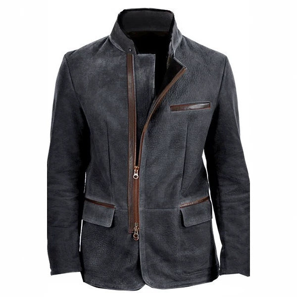 Herren Veloursleder-Fieldjacke im Fliegerstil mit Stehkragen, asymmetrischem beidseitig öffnendem Reißverschluss und kontrastierenden Lederbesätzen Shop Nory