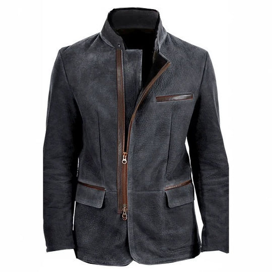 Herren Veloursleder-Fieldjacke im Fliegerstil mit Stehkragen, asymmetrischem beidseitig öffnendem Reißverschluss und kontrastierenden Lederbesätzen Shop Nory