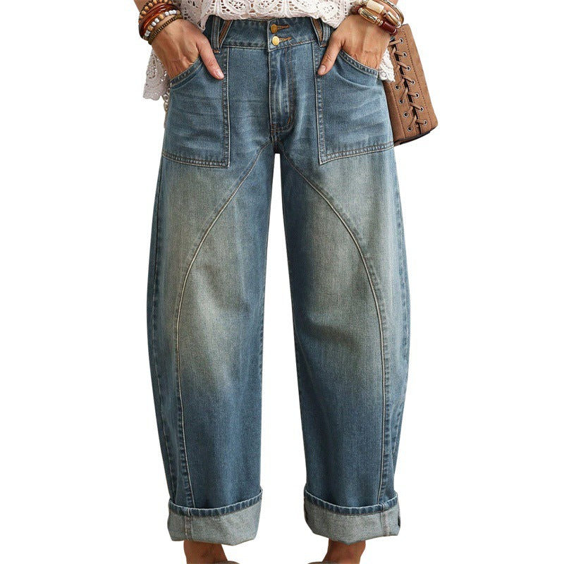 Damen Weite hochgeschnittene Jeans mit geschwungenen Nahtdetails und aufgesetzten Taschen Shop Nory