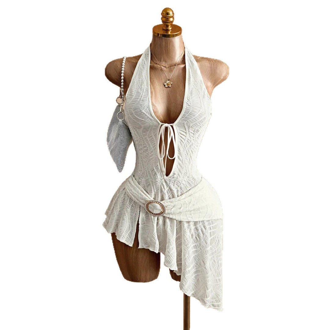 Damen nan figurbetontes Neckholder-Minikleid mit Schnürung, Cut-Out und asymmetrischem Wickelrock