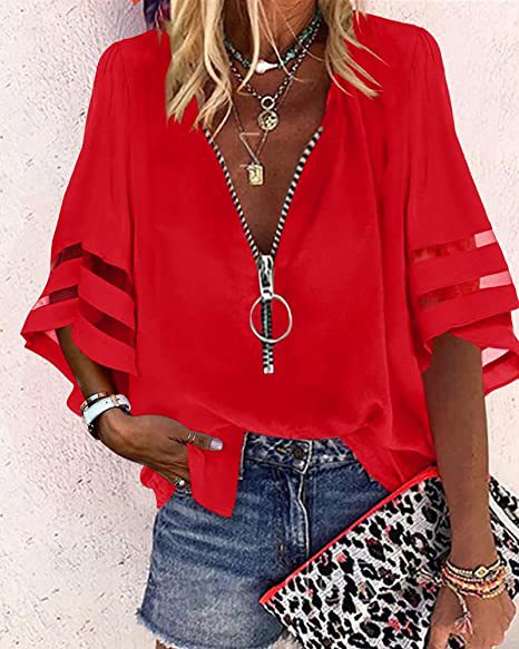 Damen V‑Ausschnitt Bluse mit dekorativem Ringreißverschluss und Cut-Out-Ärmeln Shop Nory