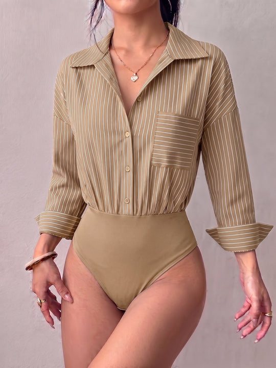 Damen Hemd-Body mit taillierter Passform, Kentkragen und feinem Streifenmuster Shop Nory