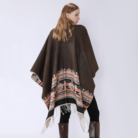 Damen V-Kragen-Überwurfponcho im Kimono-Fall mit Ethno-Bordüre und Fransensaum Shop Nory