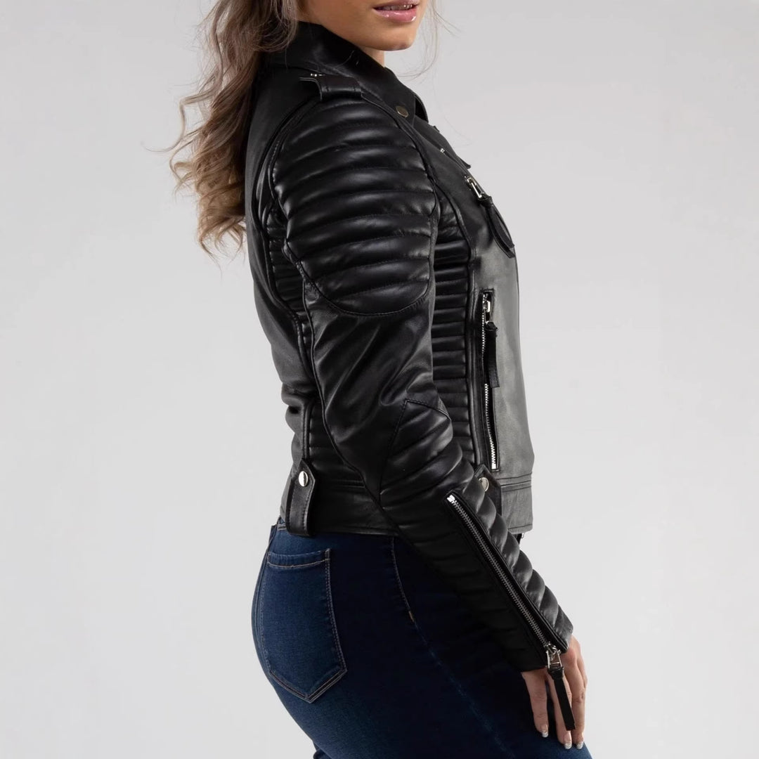 Damen Modische Lederbikerjacke mit Steppdetails