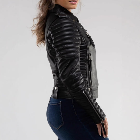 Damen Modische Lederbikerjacke mit Steppdetails