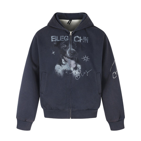 Unisex Kurz geschnittene Kapuzen‑Zipjacke mit grafischem Hundeprint und geripptem Saum Shop Nory