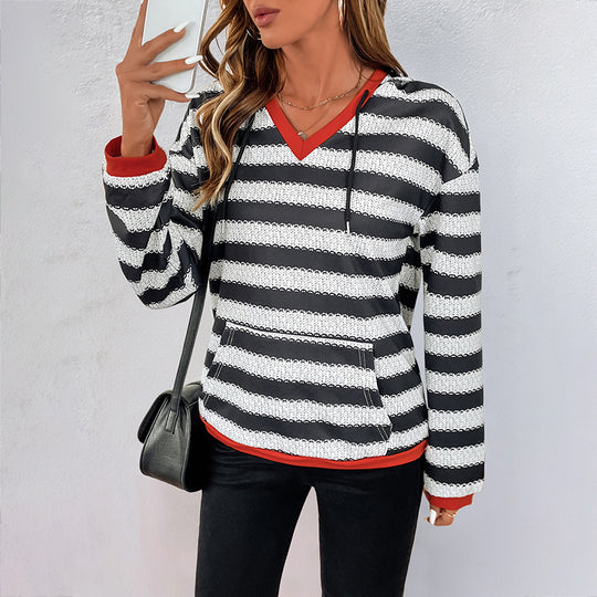 Damen Pullover-Hoodie im Ringelstrick mit V-Ausschnitt, Kängurutasche und Kontrastbündchen Shop Nory