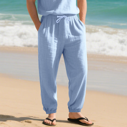 Herren nan leichte Leinenhose mit elastischem Tunnelzugbund, seitentaschen und gesmokten Bündchen Shop Nory