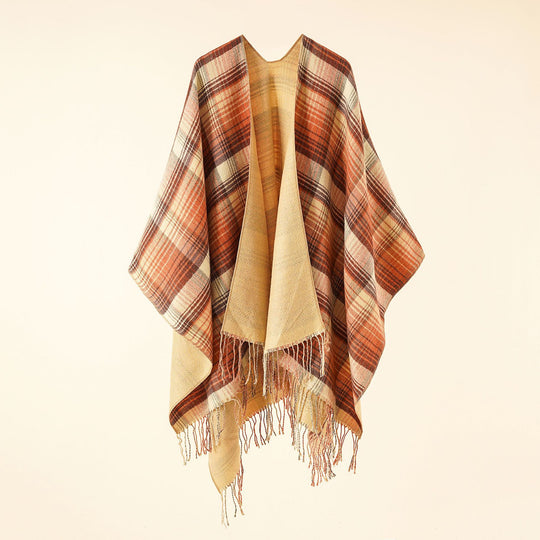Damen Kastiger Plaid-Ruana aus leichtem Wollmix mit dekorativem Fransensaum Shop Nory