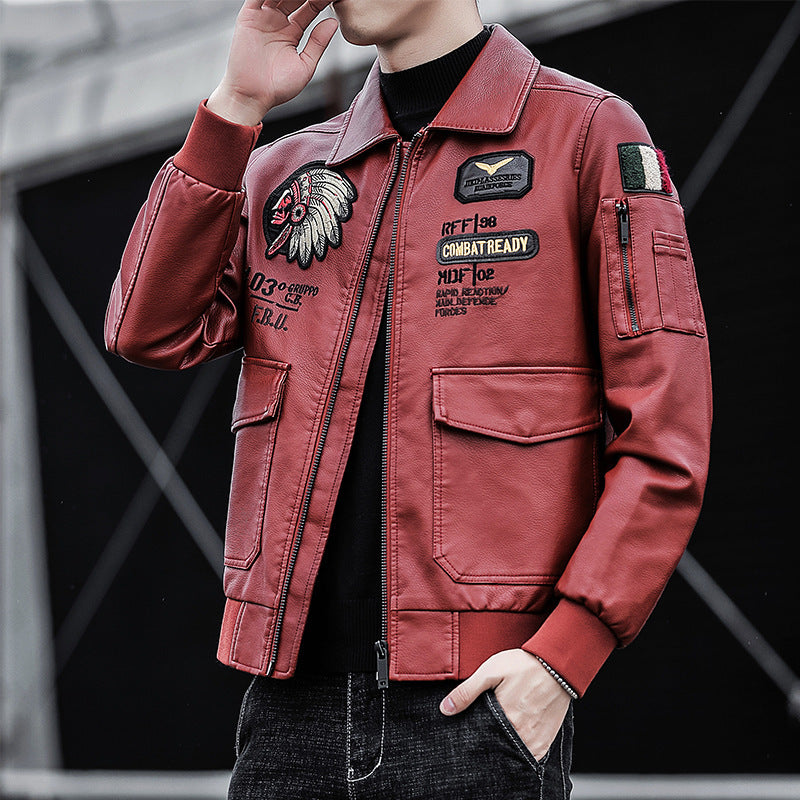 Herren Bomberjacke im Piloten-Look aus Lederimitat mit aufgesetzten Patches und Multifunktions-Taschen Shop Nory