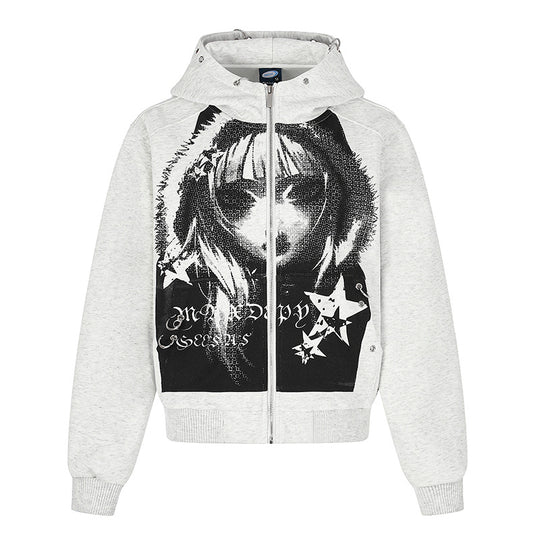 Damen Kapuzen‑Sweatjacke mit fotorealistischem Manga‑Frontprint, Fleece‑Futter und durchgehendem Reißverschluss Shop Nory
