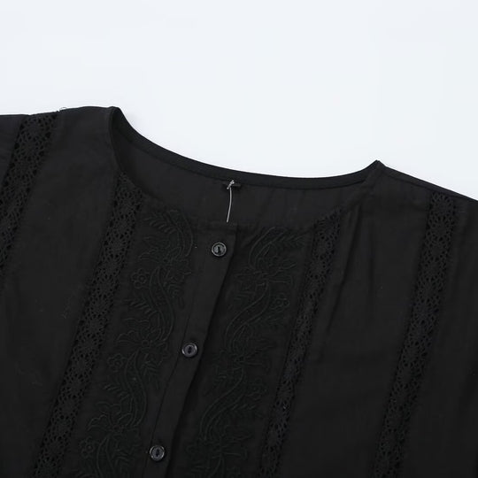Damen Spitzenbesetzte Blusentunika mit Knopfleiste und Ballonärmeln Shop Nory