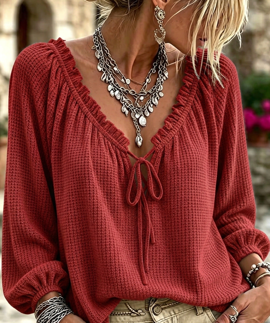 Damen Waffelstrick-Longsleeve mit tiefem V-Ausschnitt, Rüschenblende und Kordelzug Shop Nory