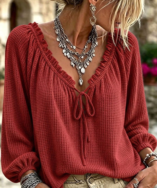 Damen Waffelstrick-Longsleeve mit tiefem V-Ausschnitt, Rüschenblende und Kordelzug Shop Nory