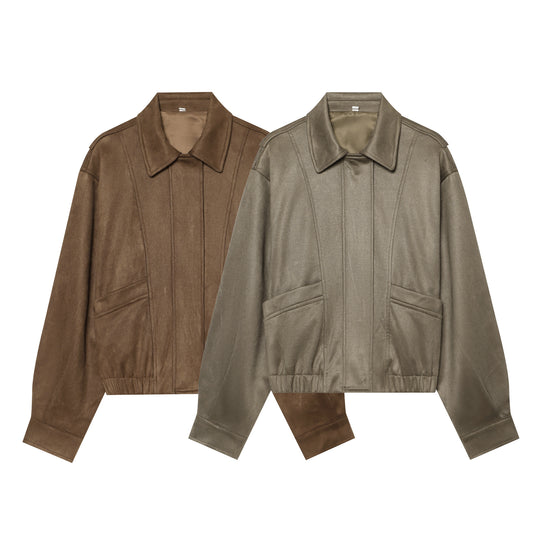 Damen Cropped Blousonjacke im Wildleder‑Look mit Hemdkragen, Epauletten und elastischem Bund Shop Nory