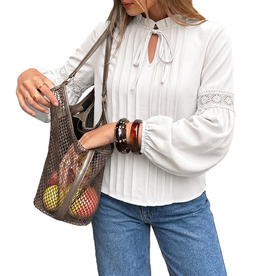 Damen Plissierte Chiffonbluse mit Schleifenkragen und Spitzeneinsatz Shop Nory