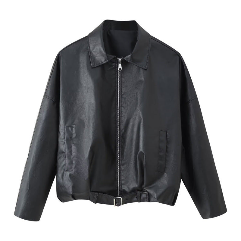 Unisex Oversize Kunstlederjacke mit Reißverschluss Hemdkragen und Taillengürtel Shop Nory