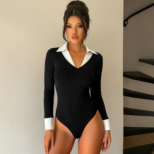 Damen Figurbetonter Longsleeve-Bodysuit mit Hemdblusen-Kragen und Kontrastmanschetten Shop Nory