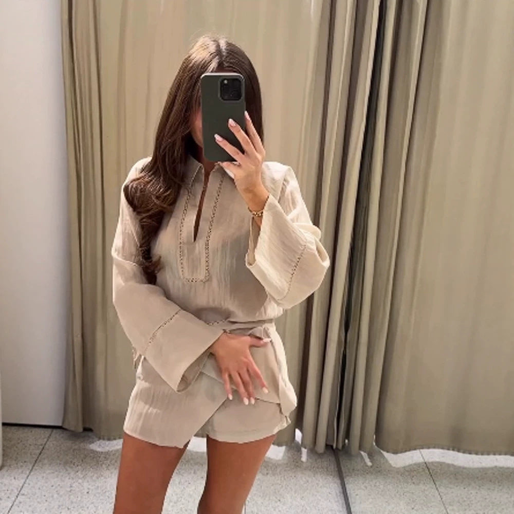 Damen Leichtes Crinkle-Zweiteiler mit Oversized-Hemd und Wickel-Minirock Shop Nory