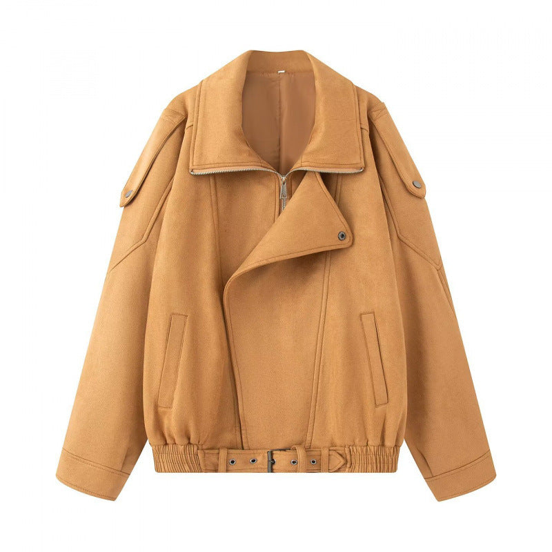 Damen Oversize Bomberjacke mit breitem Reverskragen, Taillengürtel und Schulterklappen Shop Nory