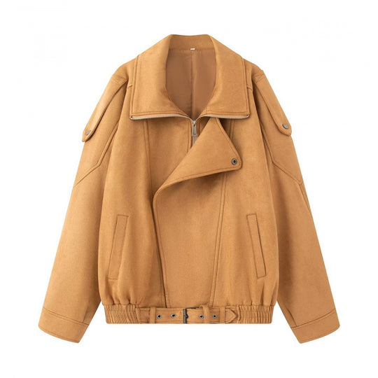 Damen Oversize Bomberjacke mit breitem Reverskragen, Taillengürtel und Schulterklappen Shop Nory