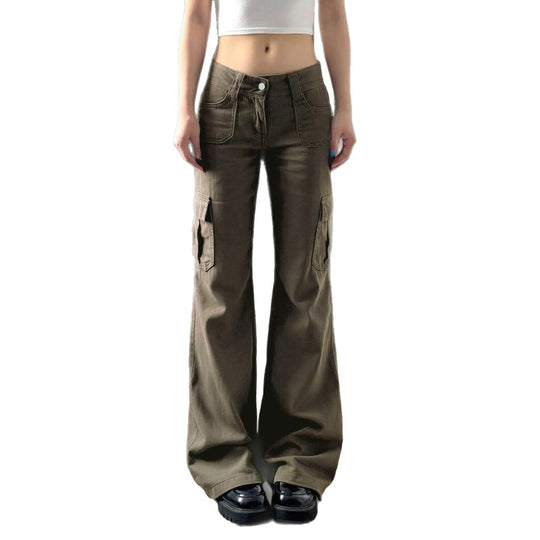 Damen nan Cargo-Flared-Hose mit hochgeschnittener Taille, aufgesetzten Beintaschen und ausgestelltem Bein Shop Nory