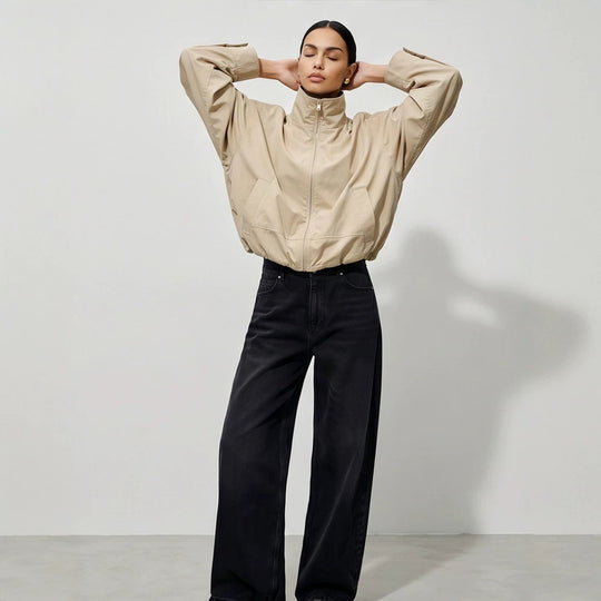 Damen Boxy-Cropped Windbreakerjacke mit hohem Stehkragen und geradem Saum Shop Nory