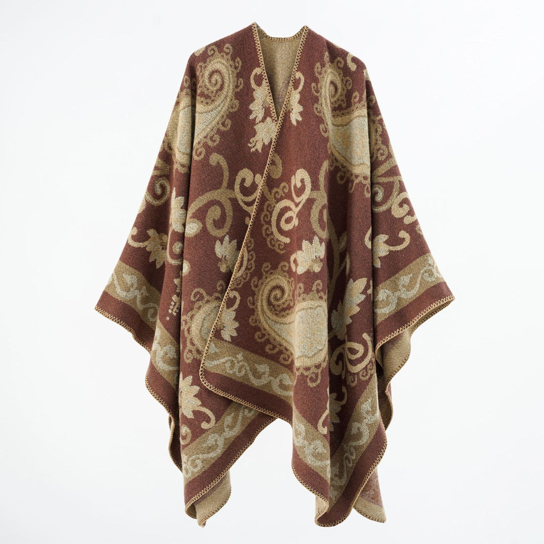 Damen Wollmix-Poncho-Umhang mit Paisley-Jacquard und Ziernaht Shop Nory