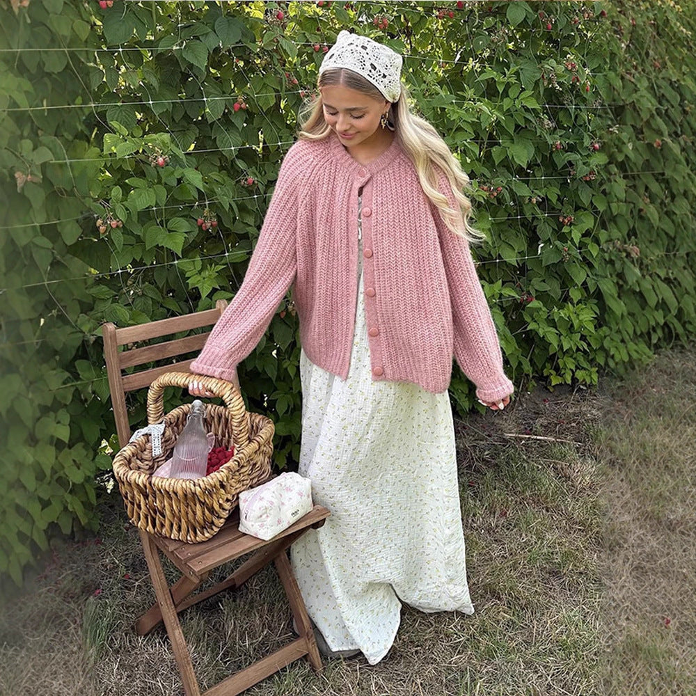 Damen Grobgestrickte Mohair-Optik Kurzjacke mit Raglanärmeln & Zierknopfleiste Shop Nory