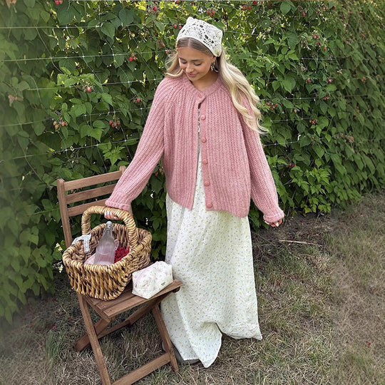 Damen Grobgestrickte Mohair-Optik Kurzjacke mit Raglanärmeln & Zierknopfleiste Shop Nory