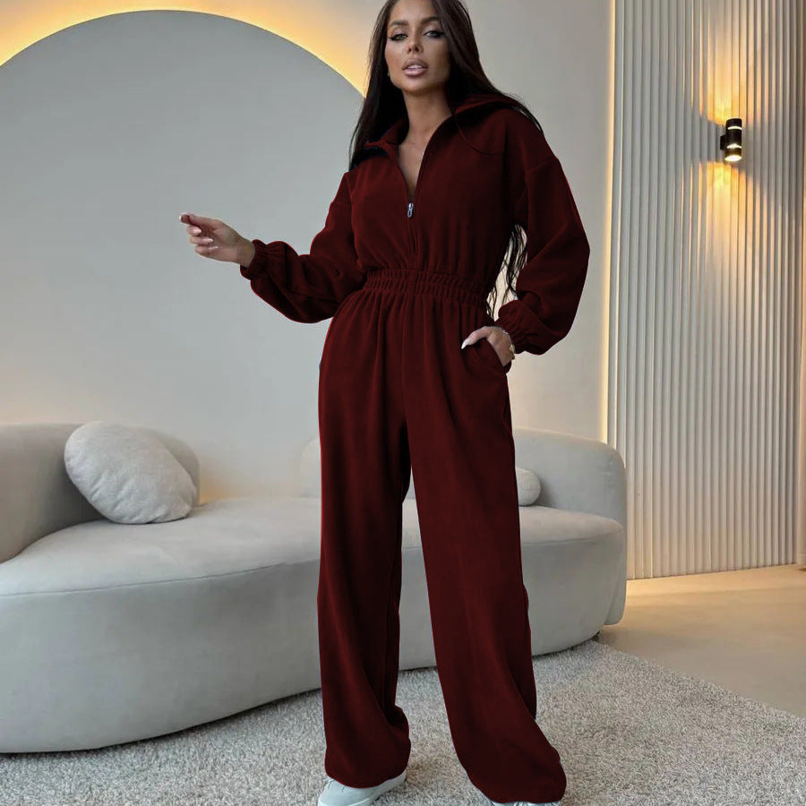 Damen Oversized Loungewear-Jumpsuit mit halbem Reißverschluss und elastischer Taillenraffung Shop Nory