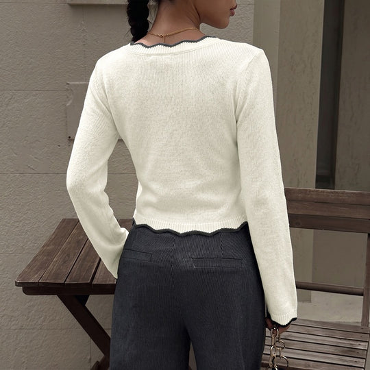 Damen Cropped V‑Ausschnitt Feinstrickpullover mit gewellter Kontrastkante Shop Nory