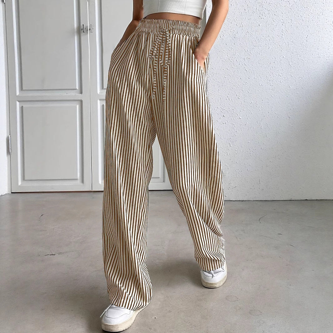 Damen Marlene-Streifenhose aus Leinenmix mit weitem Bein, Elastikbund und Kordelzug Shop Nory