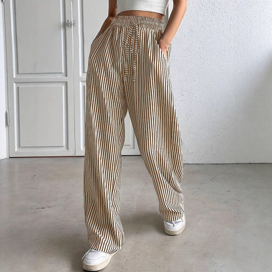 Damen Marlene-Streifenhose aus Leinenmix mit weitem Bein, Elastikbund und Kordelzug Shop Nory