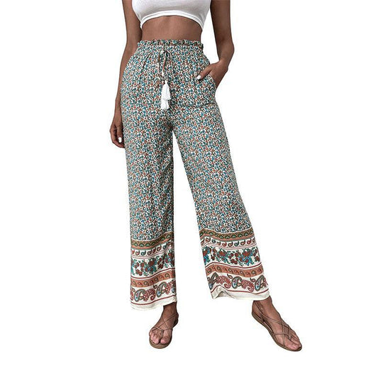 Damen Leichte Boho-Hose mit weitem Bein, elastischem Bund, Quasten-Kordel und Bordürendruck Shop Nory