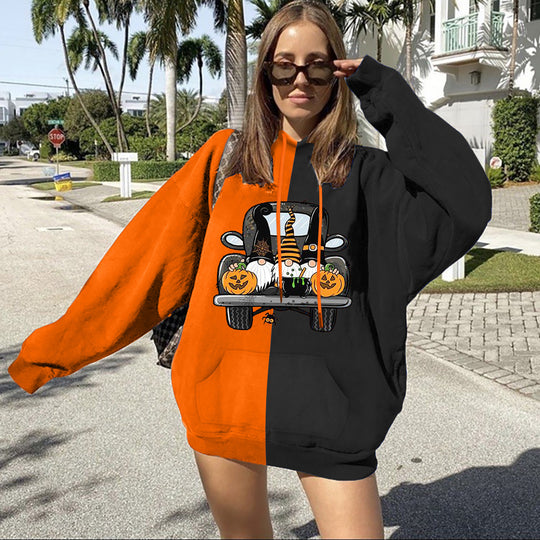 Damen nan Oversize Kapuzenpullover mit geteilter Block‑Optik und Halloween‑Wichtelprint Shop Nory