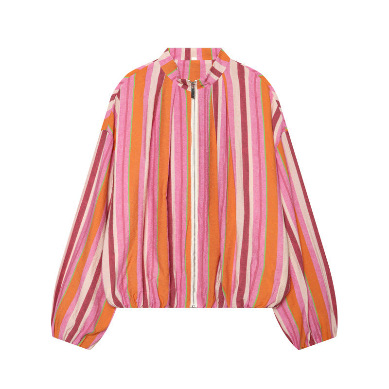 Damen Oversize Leichte Bomberjacke aus gestreiftem Webstoff mit Stehkragen, Reißverschluss und elastischem Saum Shop Nory